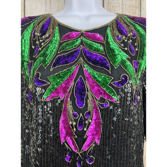 Vtg 80s Beaded Sequin Top Sz Small Black Jewel Tones S Mob Wife Festive Glam - Picture 3 of 9